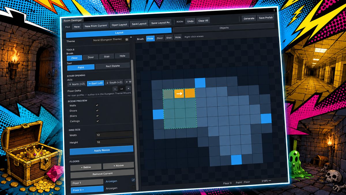 Dungeon Generator editor tools in Unity with room designer and template views