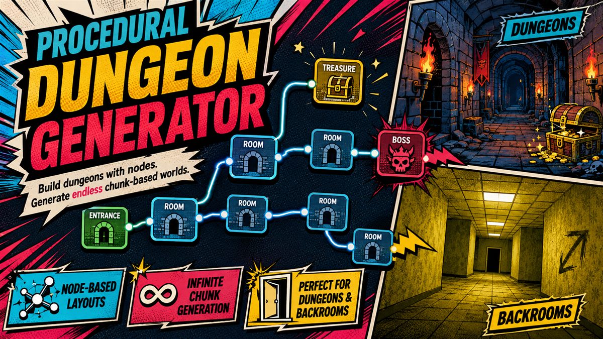 Procedural Dungeon Generator node-based dungeon layout with entrance, rooms, treasure and boss