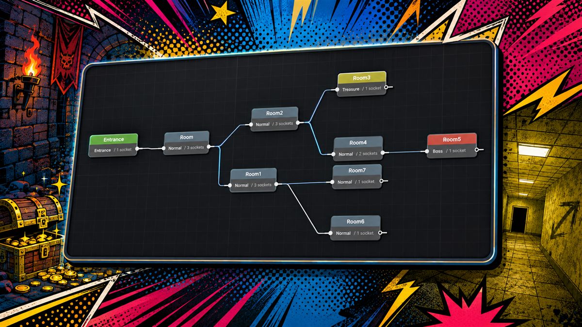 Dungeon Generator template graph with connected entrance, room, treasure and boss nodes in Unity