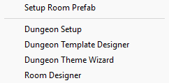 DungeonGen tools menu listing Setup Room Prefab, Dungeon Setup, Dungeon Template Designer, Dungeon Theme Wizard, and Room Designer.