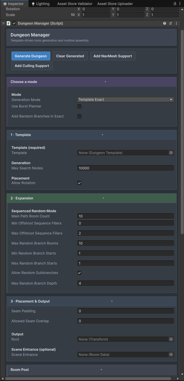 Unity Inspector showing Dungeon Manager set to Template Exact, with generation buttons, an empty Dungeon Template field, rotation enabled, and visible expansion and placement settings.