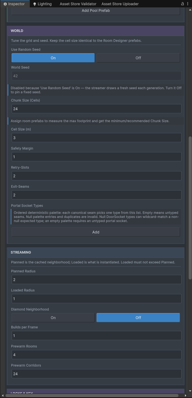 Unity Inspector showing Chunk Dungeon Streamer world and streaming settings: random seed, 24-cell chunks, 3-metre cells, planned radius 2, loaded radius 1, diamond neighborhood off, and visible prewarm values.