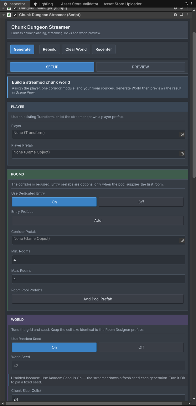 Unity Inspector showing Chunk Dungeon Streamer setup with empty player, entry, corridor, and room-pool references; dedicated entry enabled; four minimum and maximum rooms; random seed enabled; and chunk size set to 24 cells.