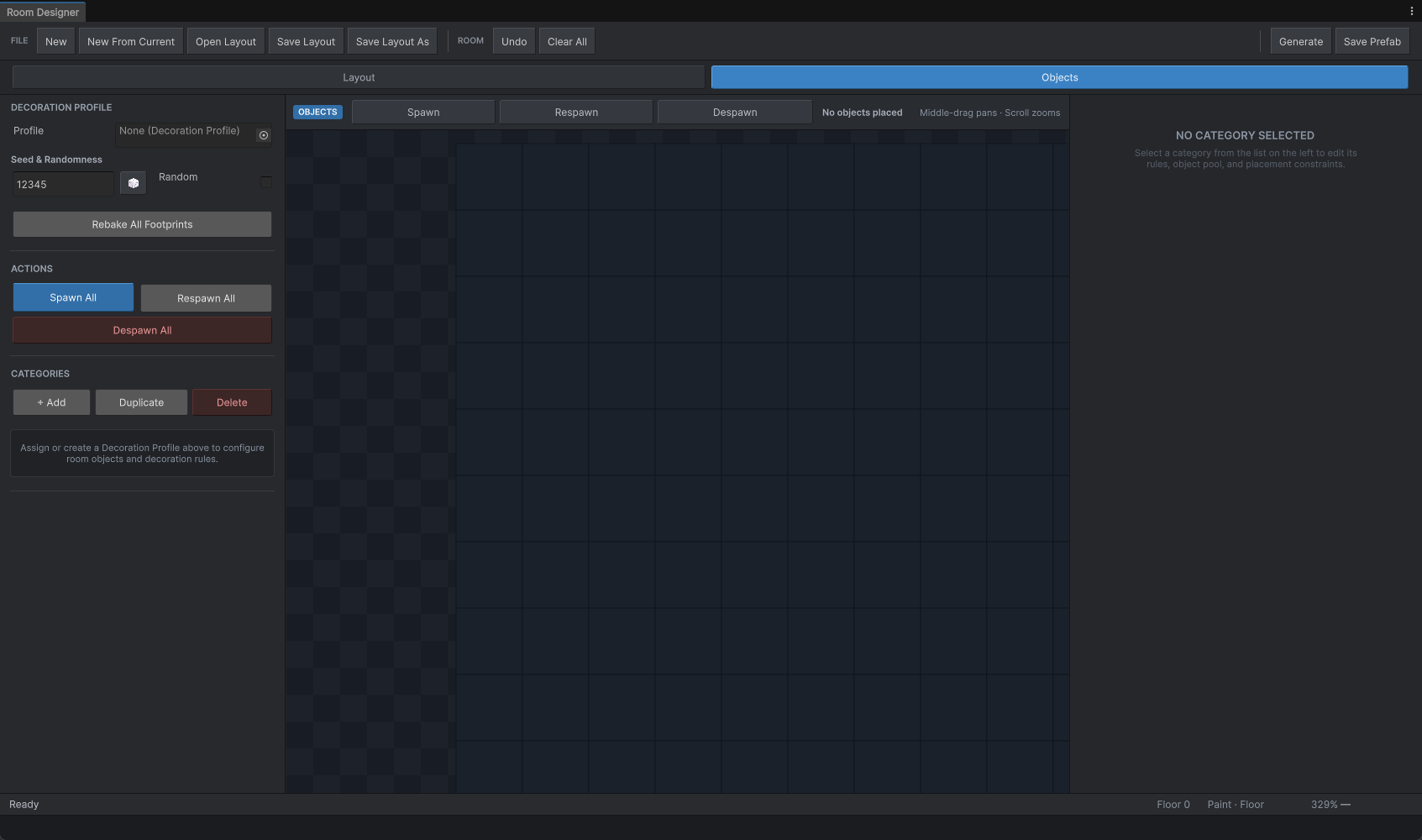 Room Designer Objects mode with an empty Decoration Profile and object category controls.