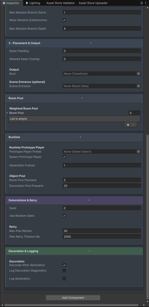 Unity Inspector showing lower Dungeon Manager settings: empty weighted room pool, runtime prewarm values, random seed and retry settings, and decoration enabled after generation.