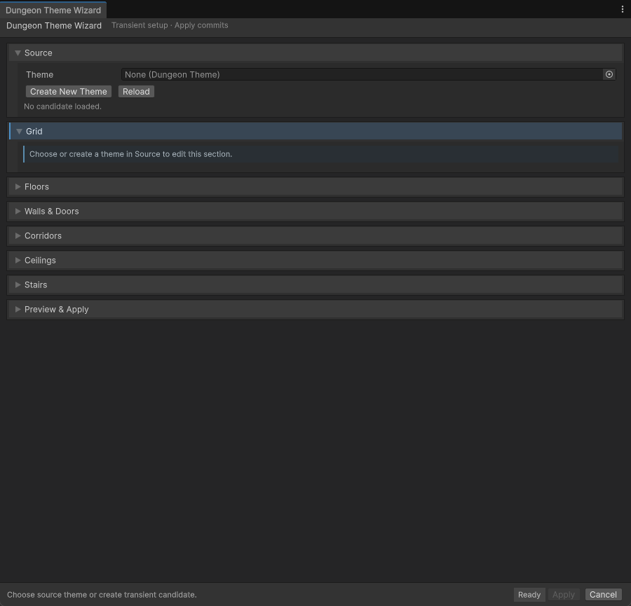 Dungeon Theme Wizard with no DungeonTheme selected and collapsed prefab-analysis sections.