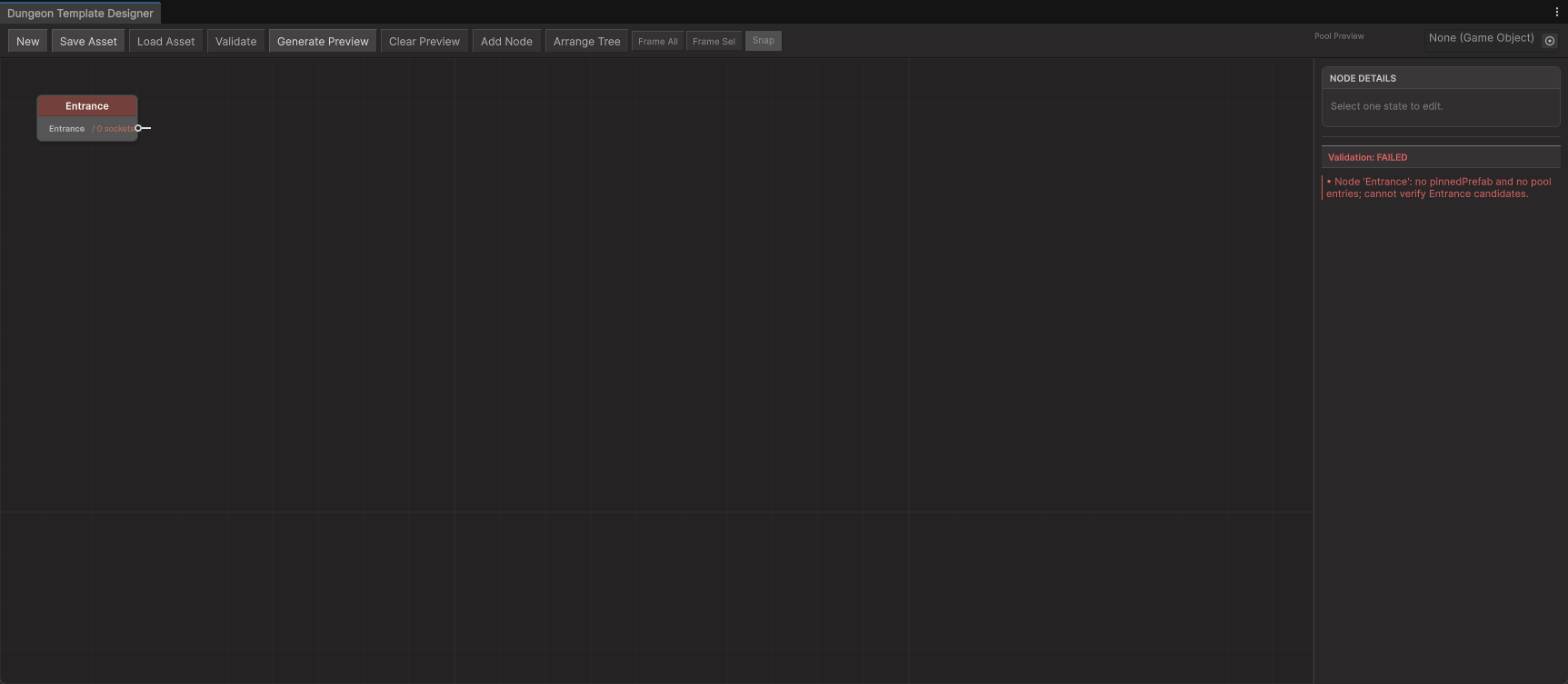 Dungeon Template Designer showing an Entrance node and a failed validation because it has no pinned prefab or pool entries.
