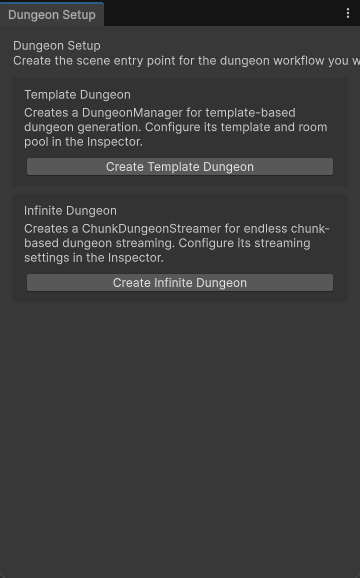 Dungeon Setup window offering Template Dungeon and Infinite Dungeon creation.