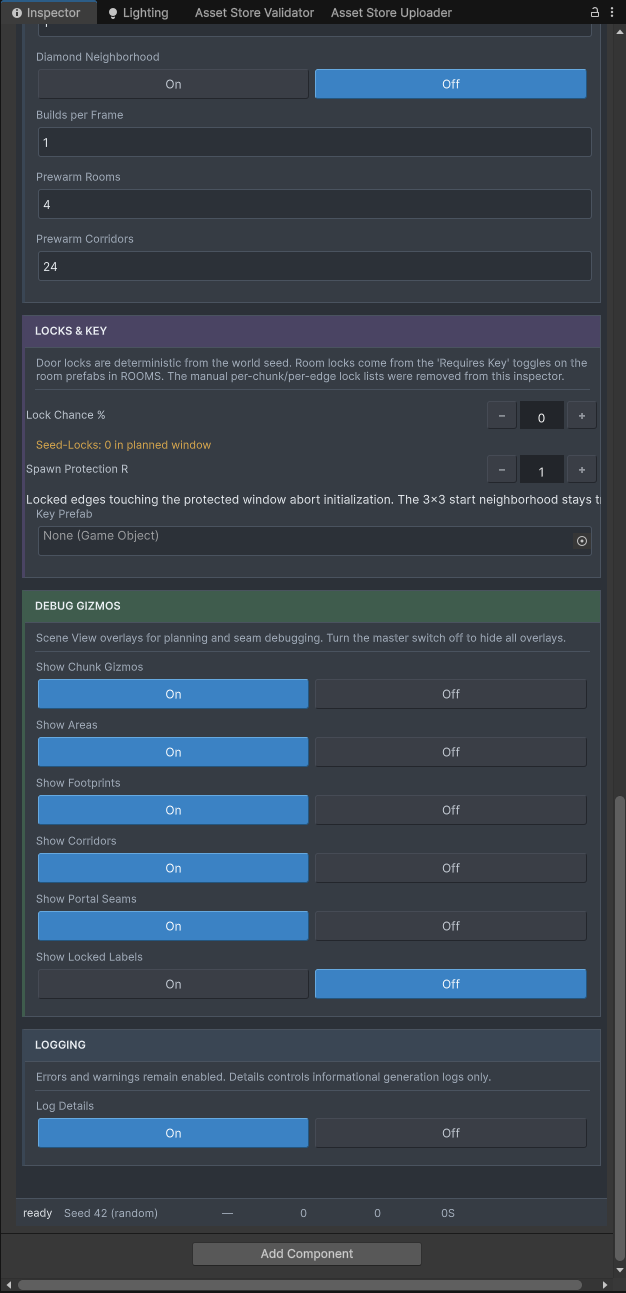 Unity Inspector showing Chunk Dungeon Streamer lock, debug-gizmo, and logging settings: zero lock chance, no key prefab, chunk overlays enabled, locked labels disabled, and detailed logging enabled.